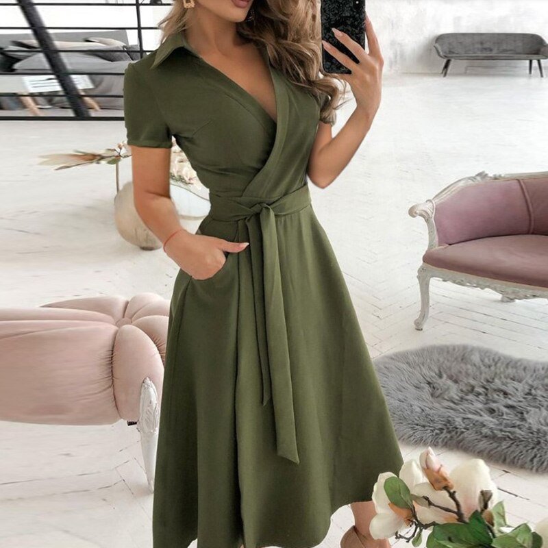 Zavando – Bindegürtel Damen Kleid Armee Grün